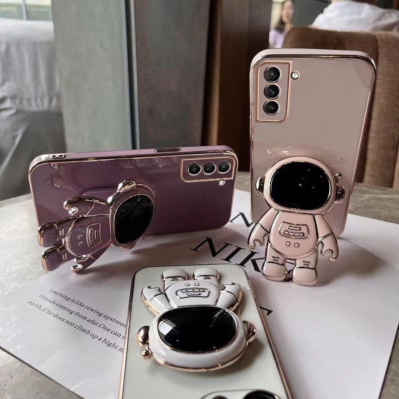 For-Samsung-Galaxy-S24-5G-Electroplating-Astronaut-Holder-Phone-Case(Pink)