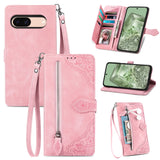 For-Google-Pixel-8a-Embossed-Flower-Zipper-Leather-Phone-Case(Pink)