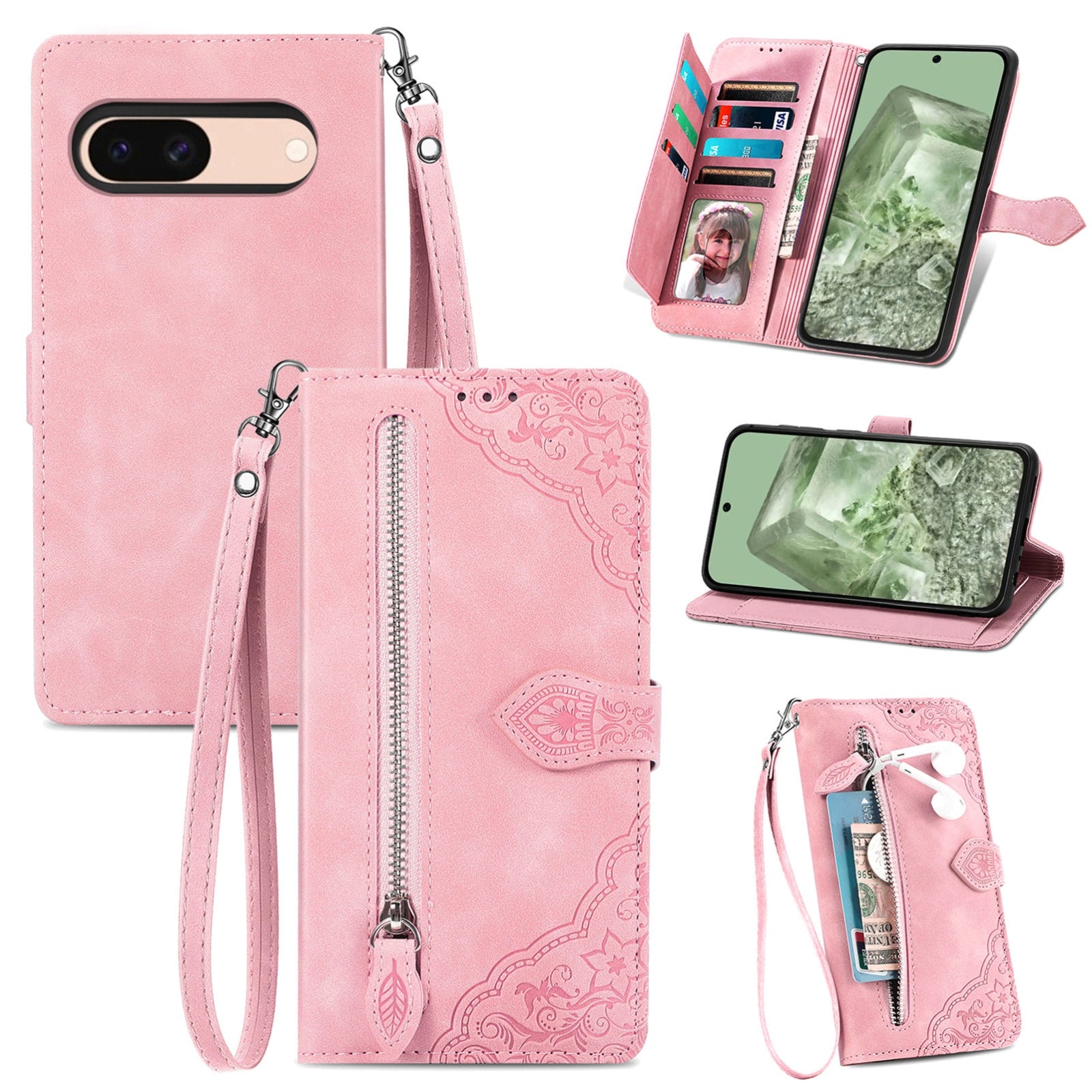 For-Google-Pixel-8a-Embossed-Flower-Zipper-Leather-Phone-Case(Pink)