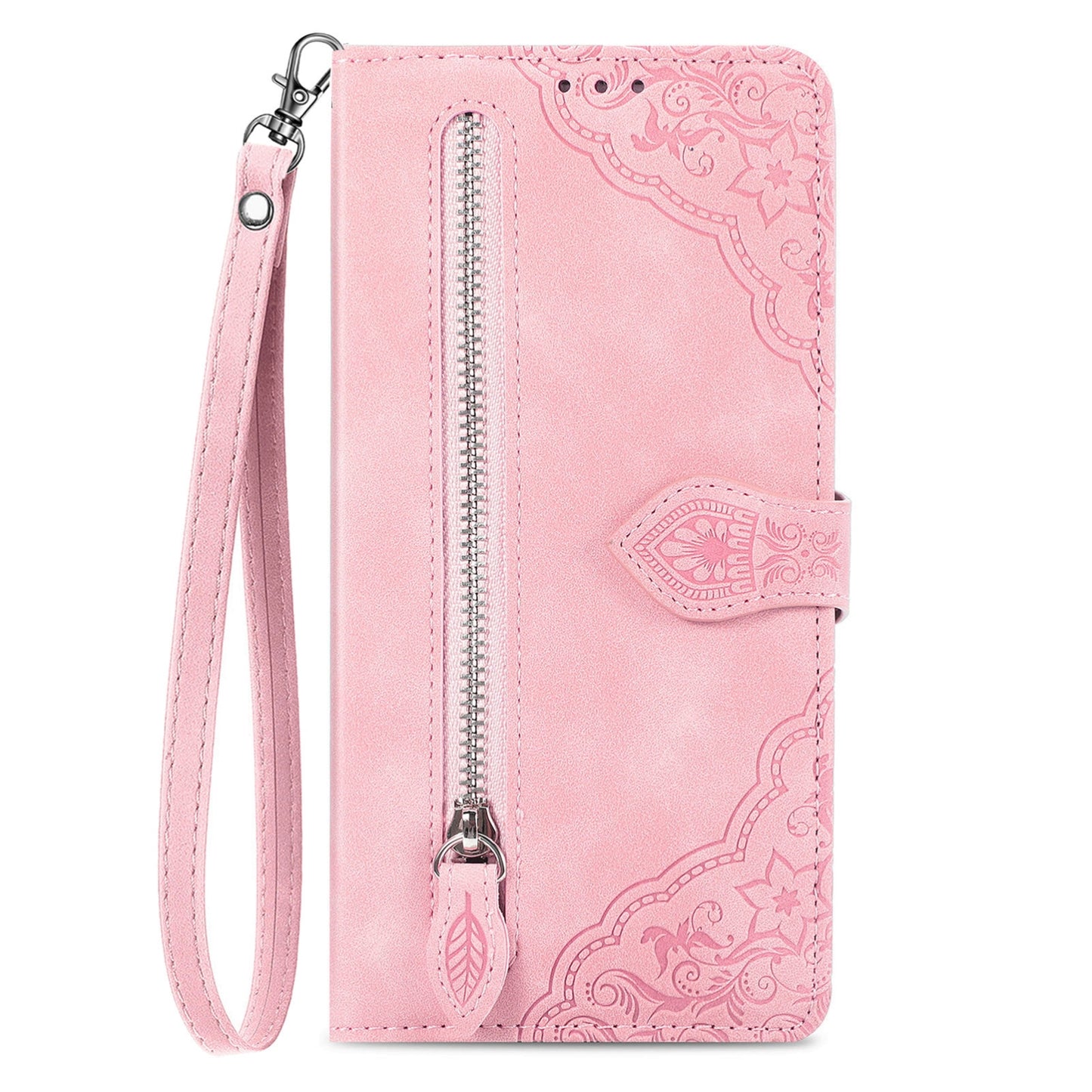 For-Google-Pixel-8a-Embossed-Flower-Zipper-Leather-Phone-Case(Pink)