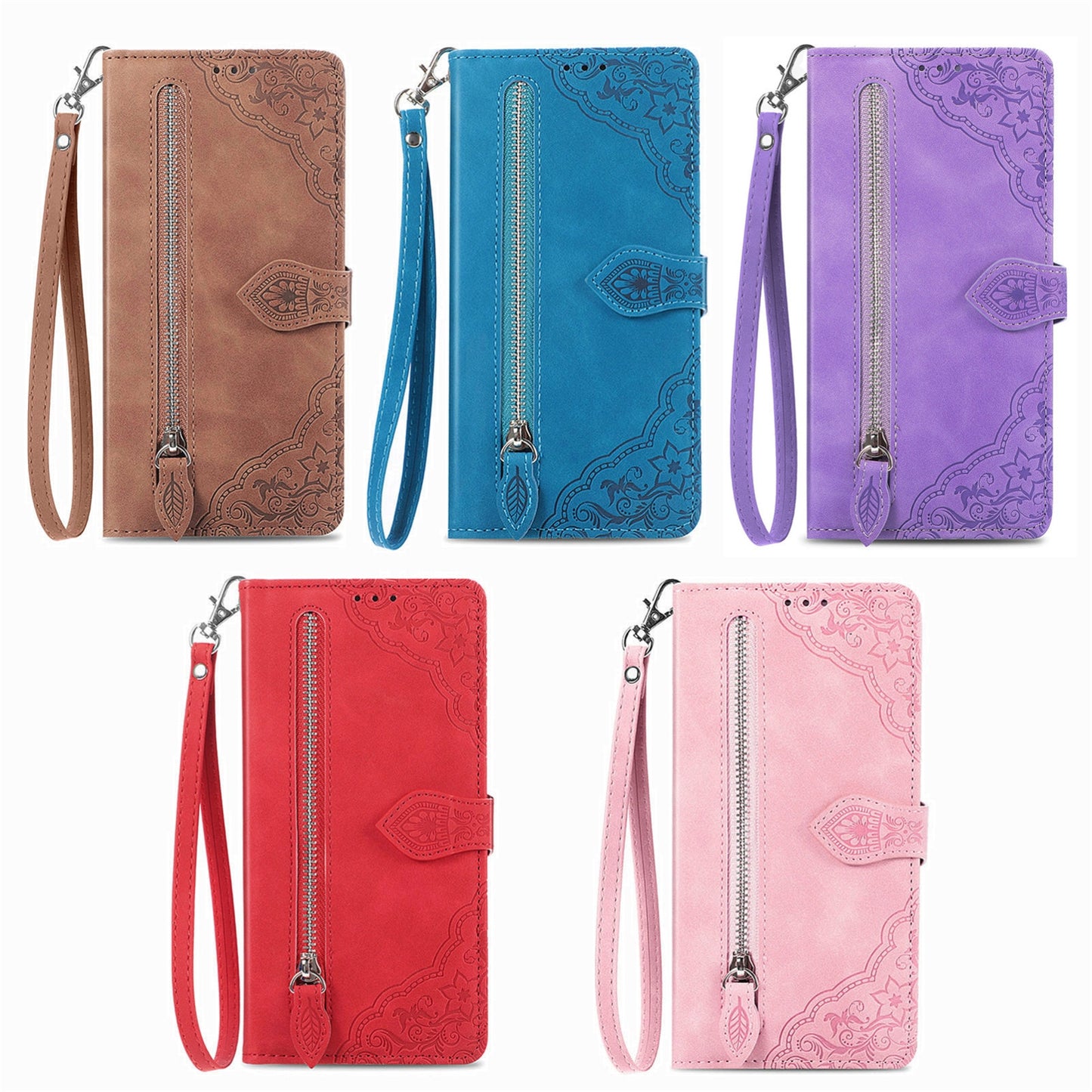 For-Google-Pixel-8a-Embossed-Flower-Zipper-Leather-Phone-Case(Pink)