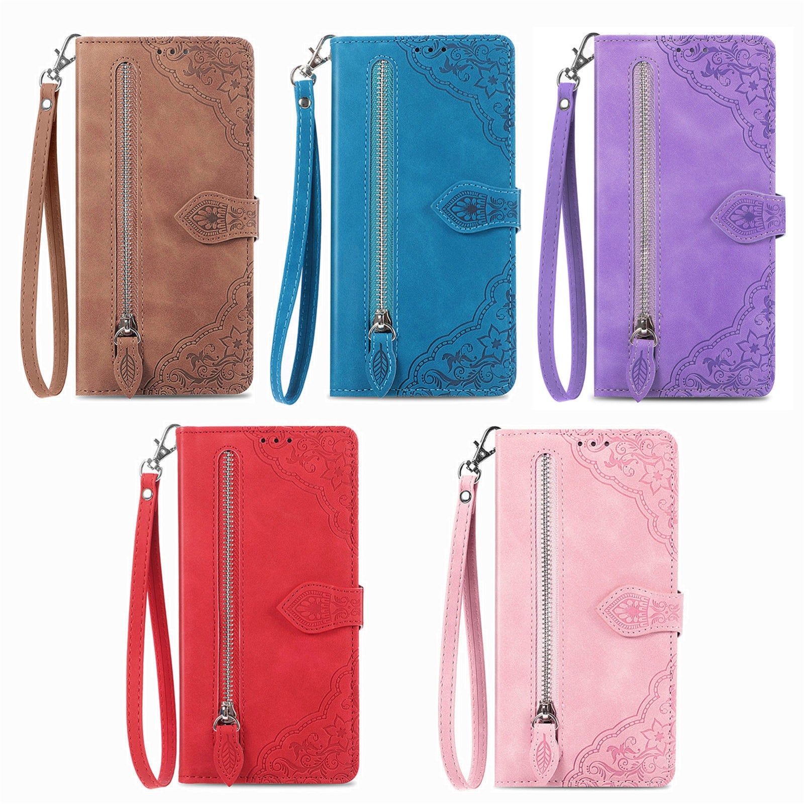 For-Google-Pixel-8a-Embossed-Flower-Zipper-Leather-Phone-Case(Pink)