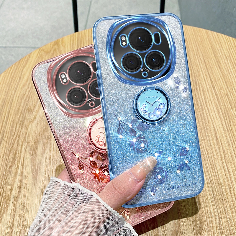 For-Honor-Magic6-Pro-Gradient-Glitter-Immortal-Flower-Ring-All-inclusive-Phone-Case(Blue)