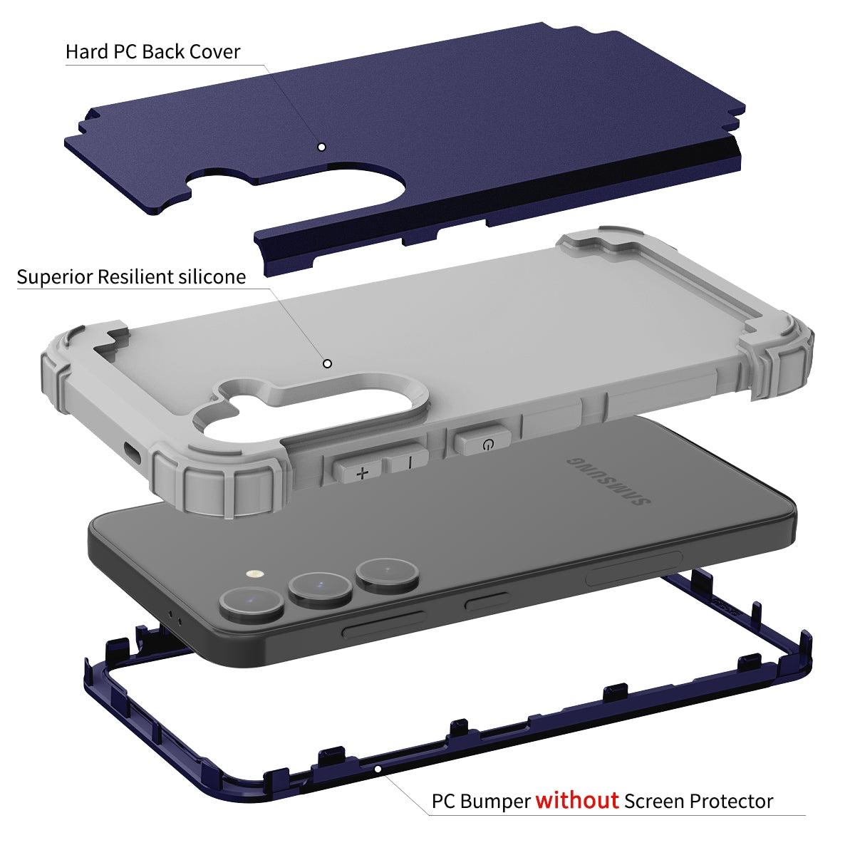 For-Samsung-Galaxy-S24-5G-3-in-1-Silicone-Hybrid-PC-Shockproof-Phone-Case(Blue)