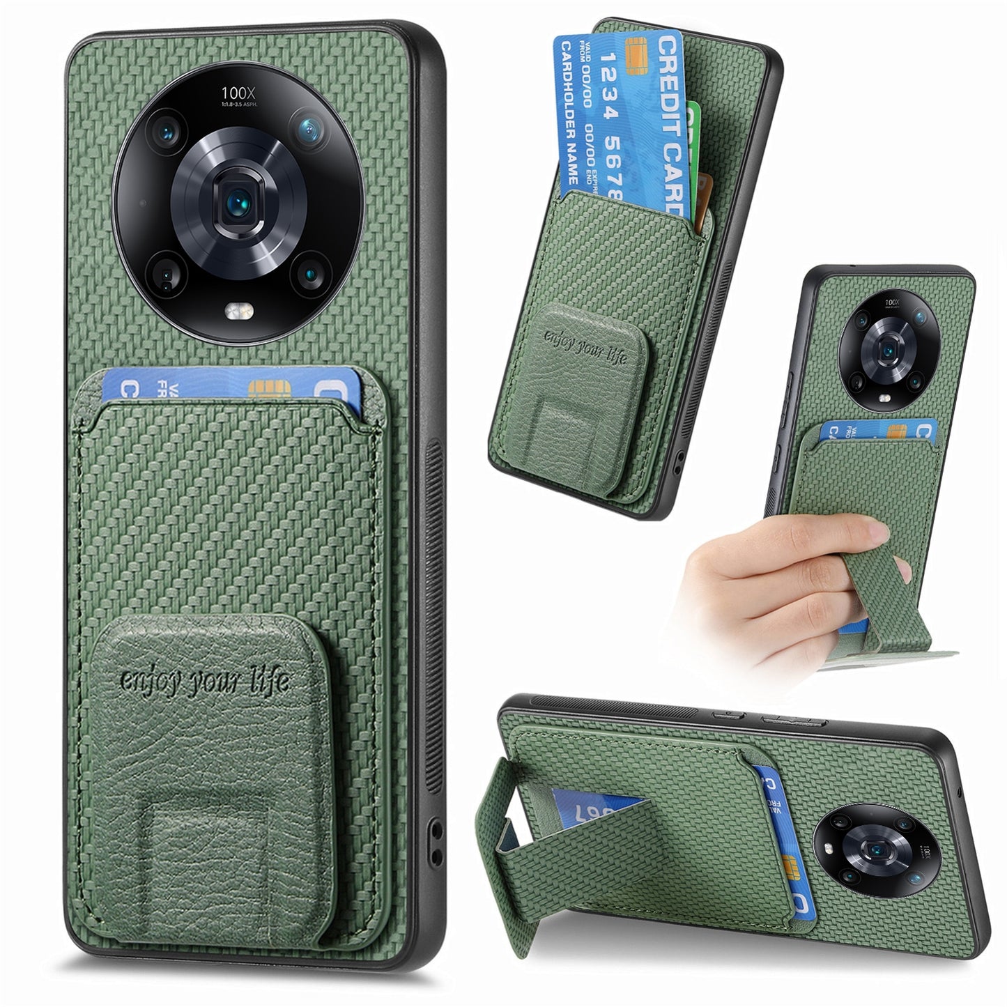 Phone-Case-for-Honor-Magic4-Pro-Carbon-Fiber-with-Card-Holder,-Green