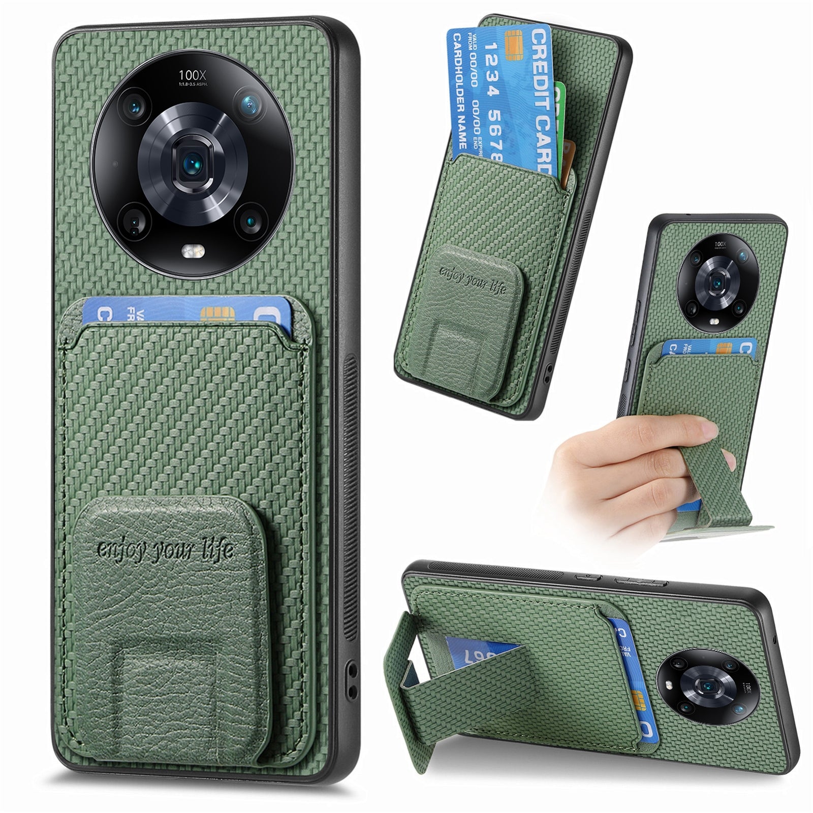 Phone-Case-for-Honor-Magic4-Pro-Carbon-Fiber-with-Card-Holder,-Green