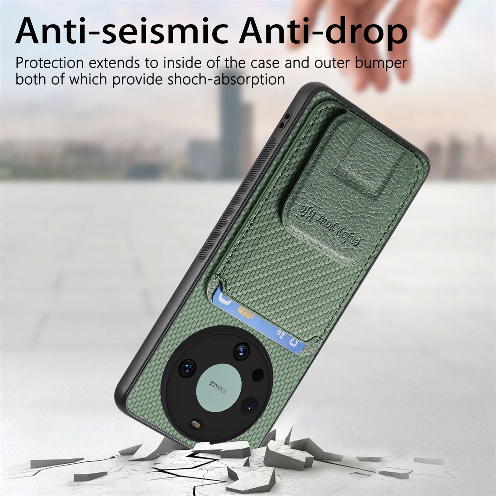 Phone-Case-for-Honor-Magic4-Pro-Carbon-Fiber-with-Card-Holder,-Green