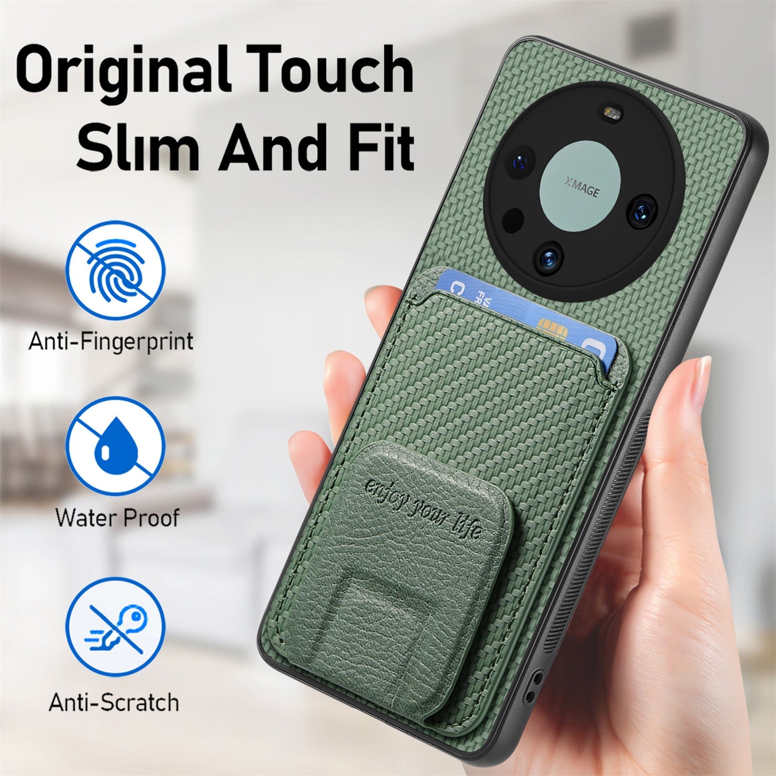 Phone-Case-for-Honor-Magic4-Pro-Carbon-Fiber-with-Card-Holder,-Green