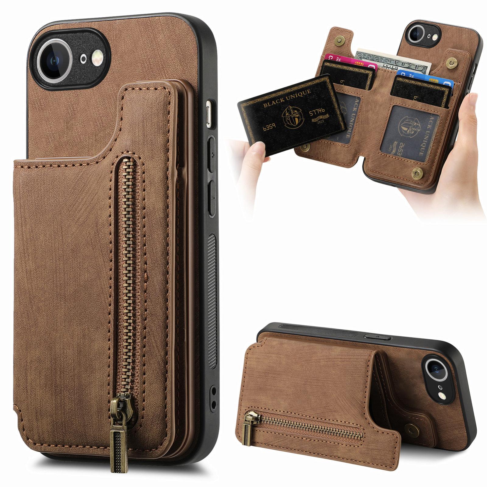 For-iPhone-17e-/-16e-Retro-Leather-Zipper-Wallet-Back-Phone-Case(Brown)