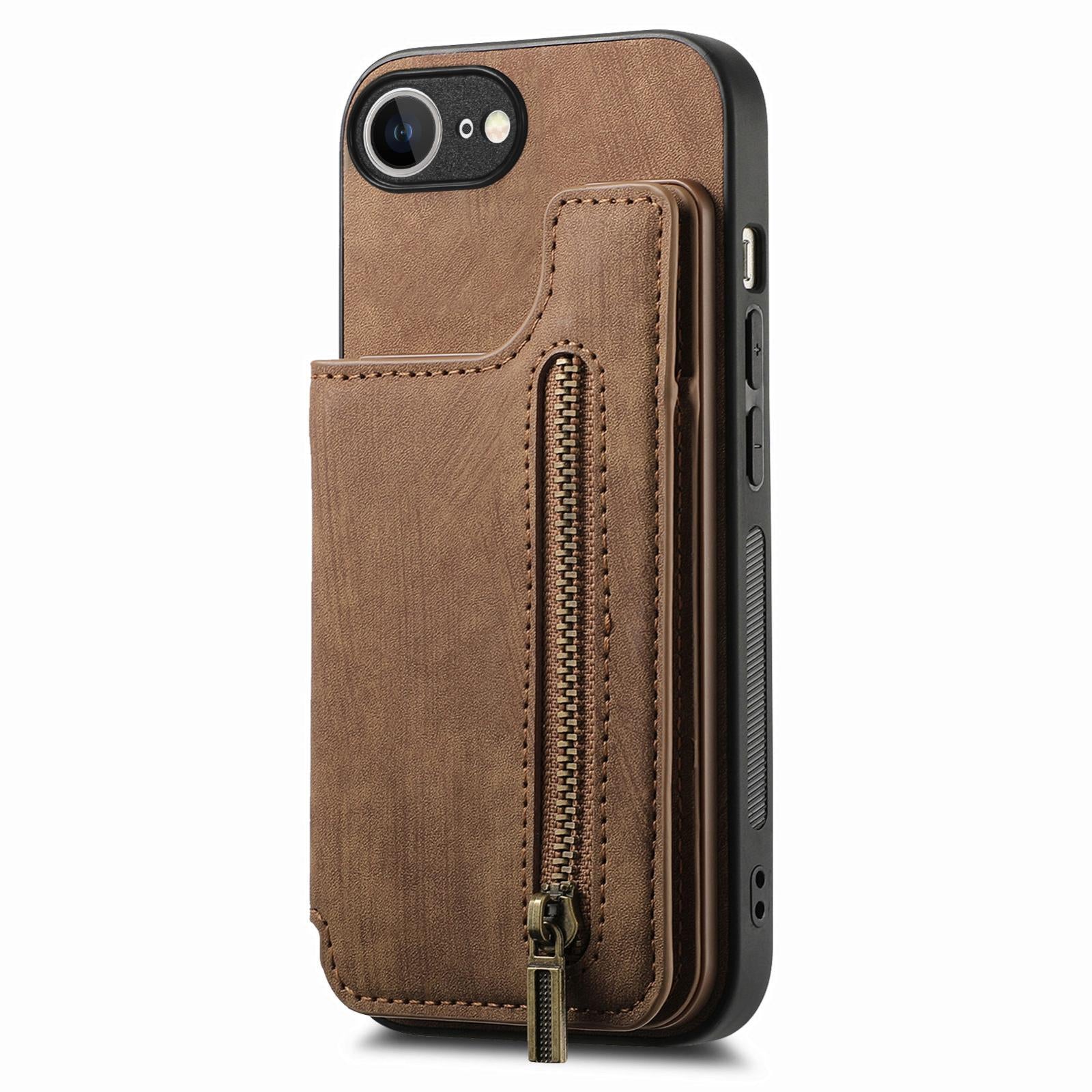 For-iPhone-17e-/-16e-Retro-Leather-Zipper-Wallet-Back-Phone-Case(Brown)