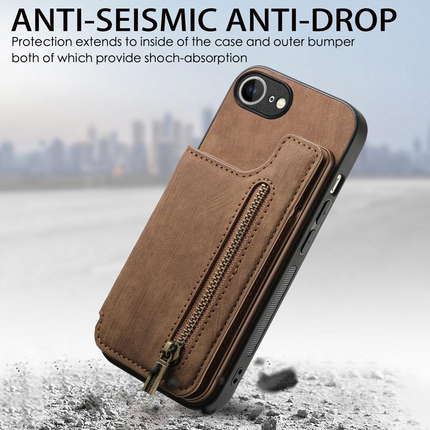 For-iPhone-17e-/-16e-Retro-Leather-Zipper-Wallet-Back-Phone-Case(Brown)