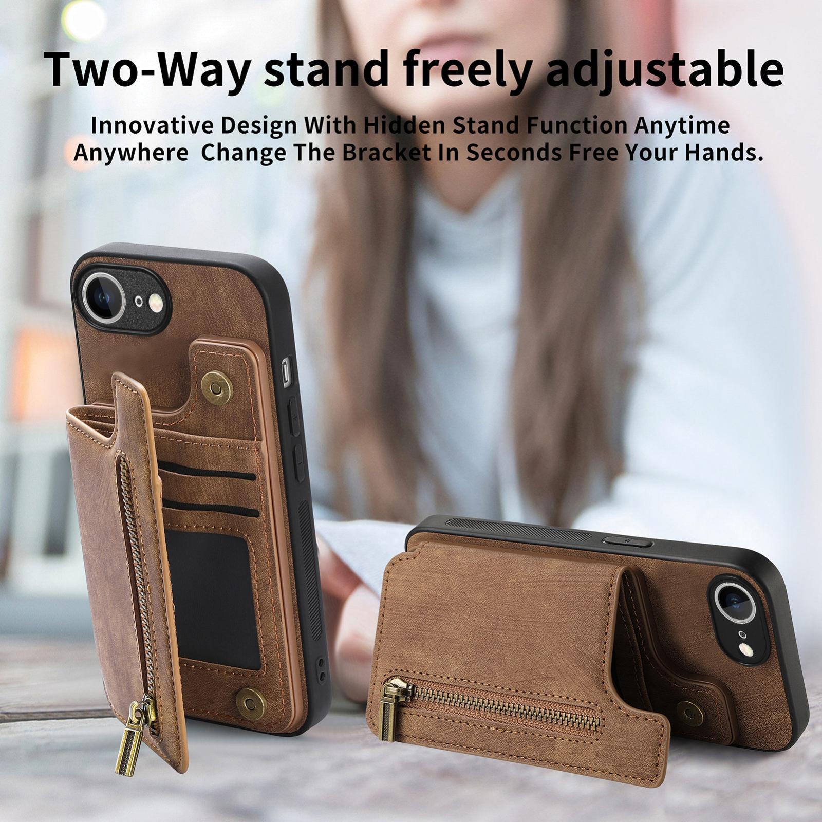 For-iPhone-17e-/-16e-Retro-Leather-Zipper-Wallet-Back-Phone-Case(Brown)