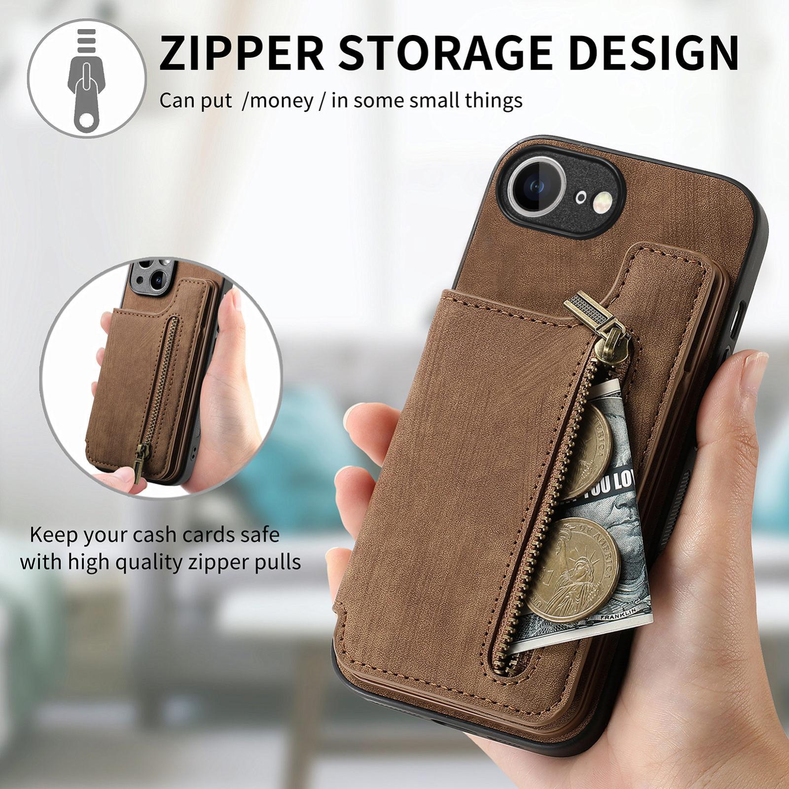 For-iPhone-17e-/-16e-Retro-Leather-Zipper-Wallet-Back-Phone-Case(Brown)