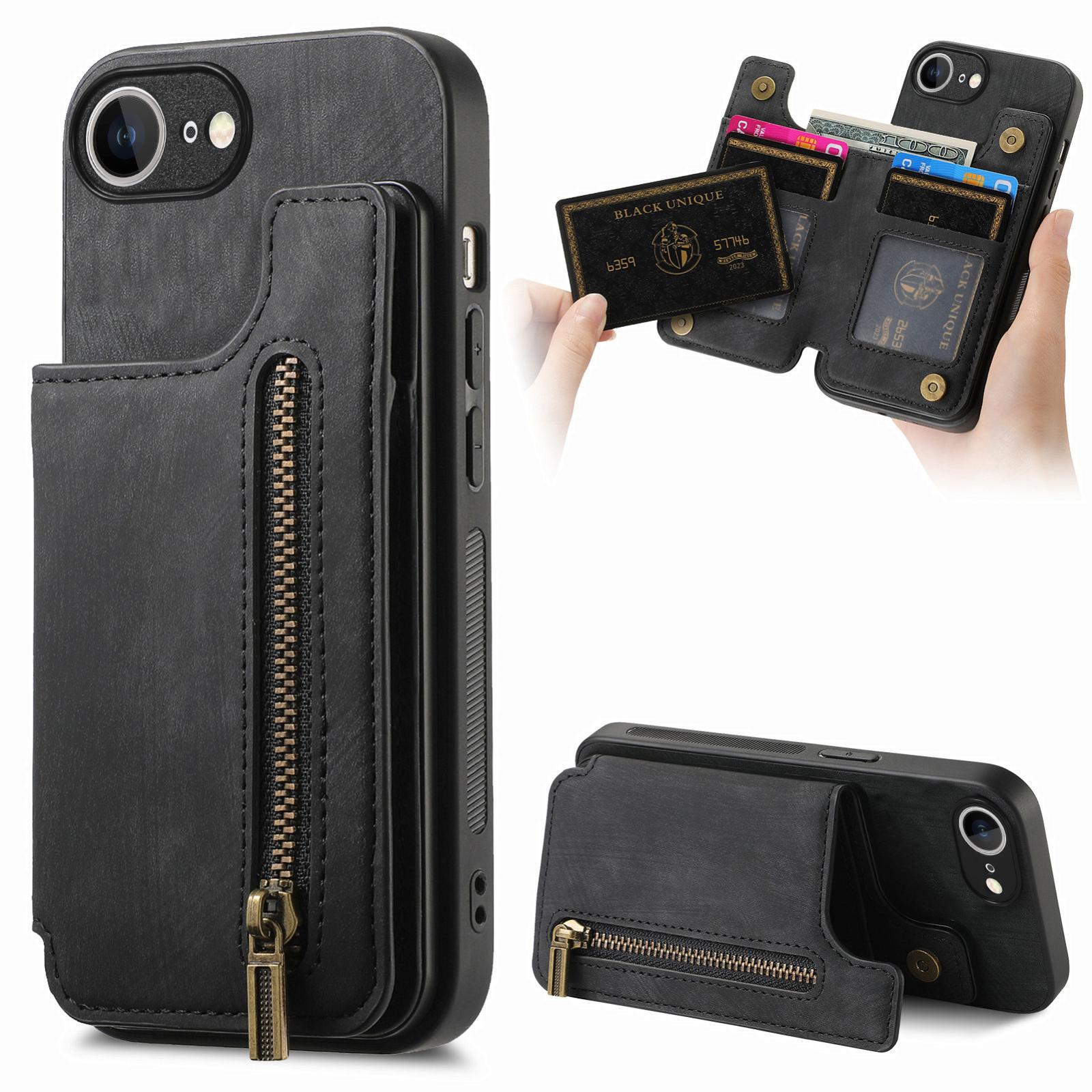For-iPhone-17e-/-16e-Retro-Leather-Zipper-Wallet-Back-Phone-Case(Black)