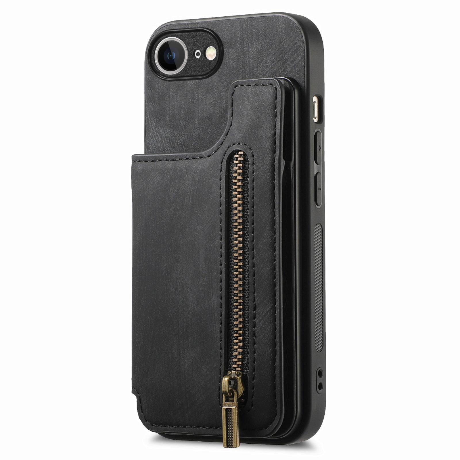 For-iPhone-17e-/-16e-Retro-Leather-Zipper-Wallet-Back-Phone-Case(Black)