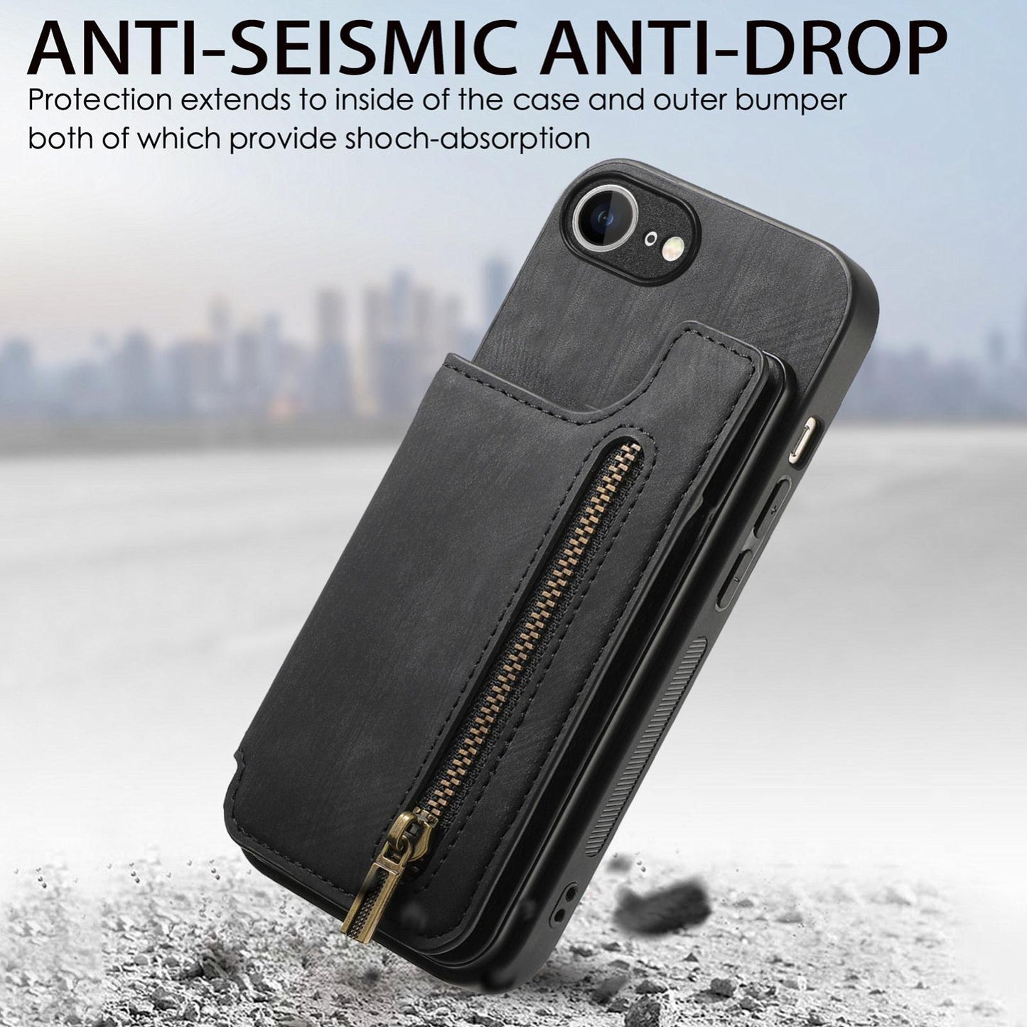 For-iPhone-17e-/-16e-Retro-Leather-Zipper-Wallet-Back-Phone-Case(Black)