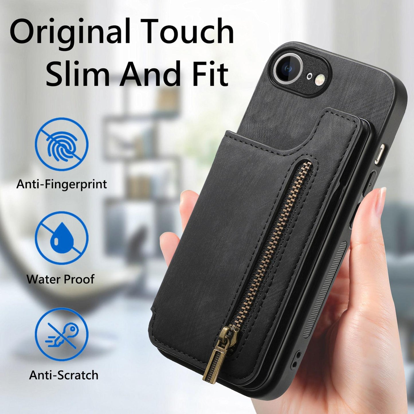 For-iPhone-17e-/-16e-Retro-Leather-Zipper-Wallet-Back-Phone-Case(Black)