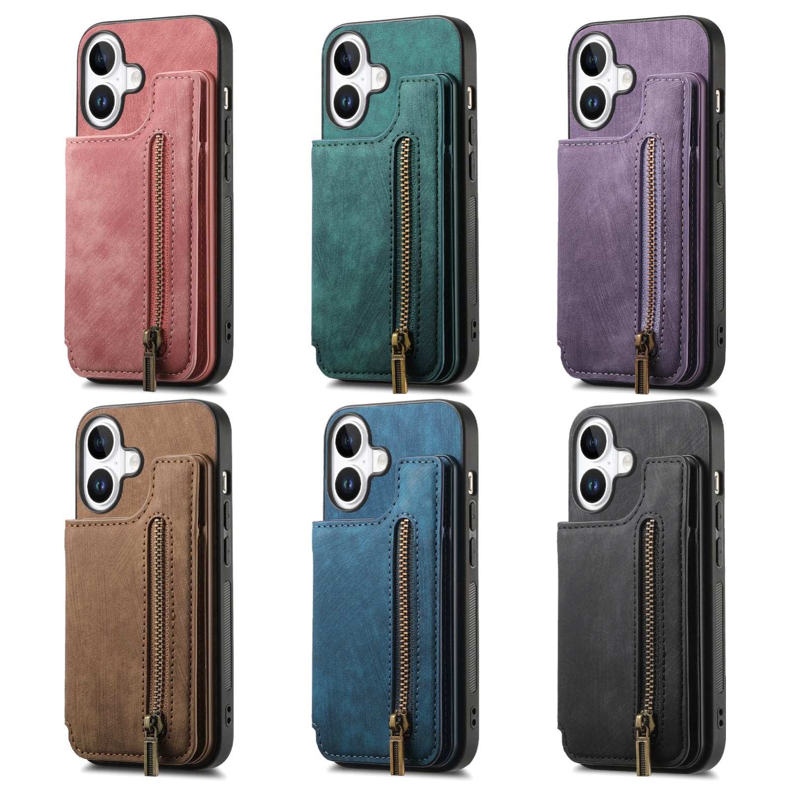 For-iPhone-17e-/-16e-Retro-Leather-Zipper-Wallet-Back-Phone-Case(Brown)