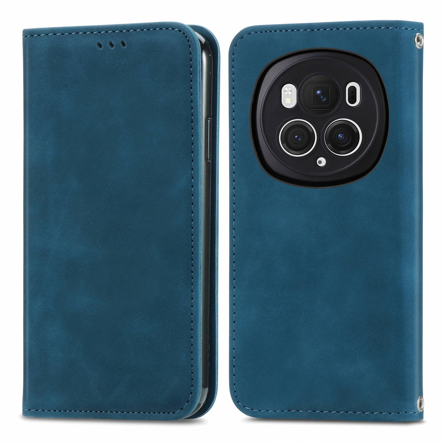 For-Honor-Magic6-Pro-Retro-Skin-Feel-Magnetic-Flip-Leather-Phone-Case(Blue)