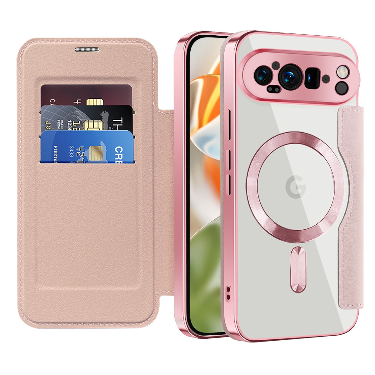 For-Google-Pixel-9-Pro-Shield-MagSafe-RFID-Anti-theft-Leather-Phone-Case(Pink)