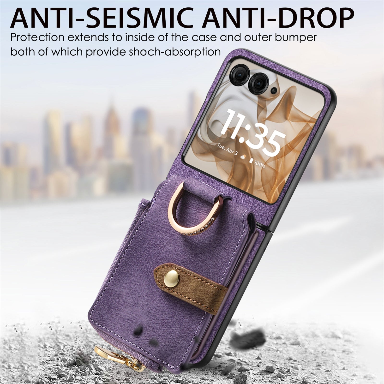 For-Motorola-Razr-50-Ultra-Retro-Ring-Vertical-Zipper-Wallet-Phone-Case(Purple)