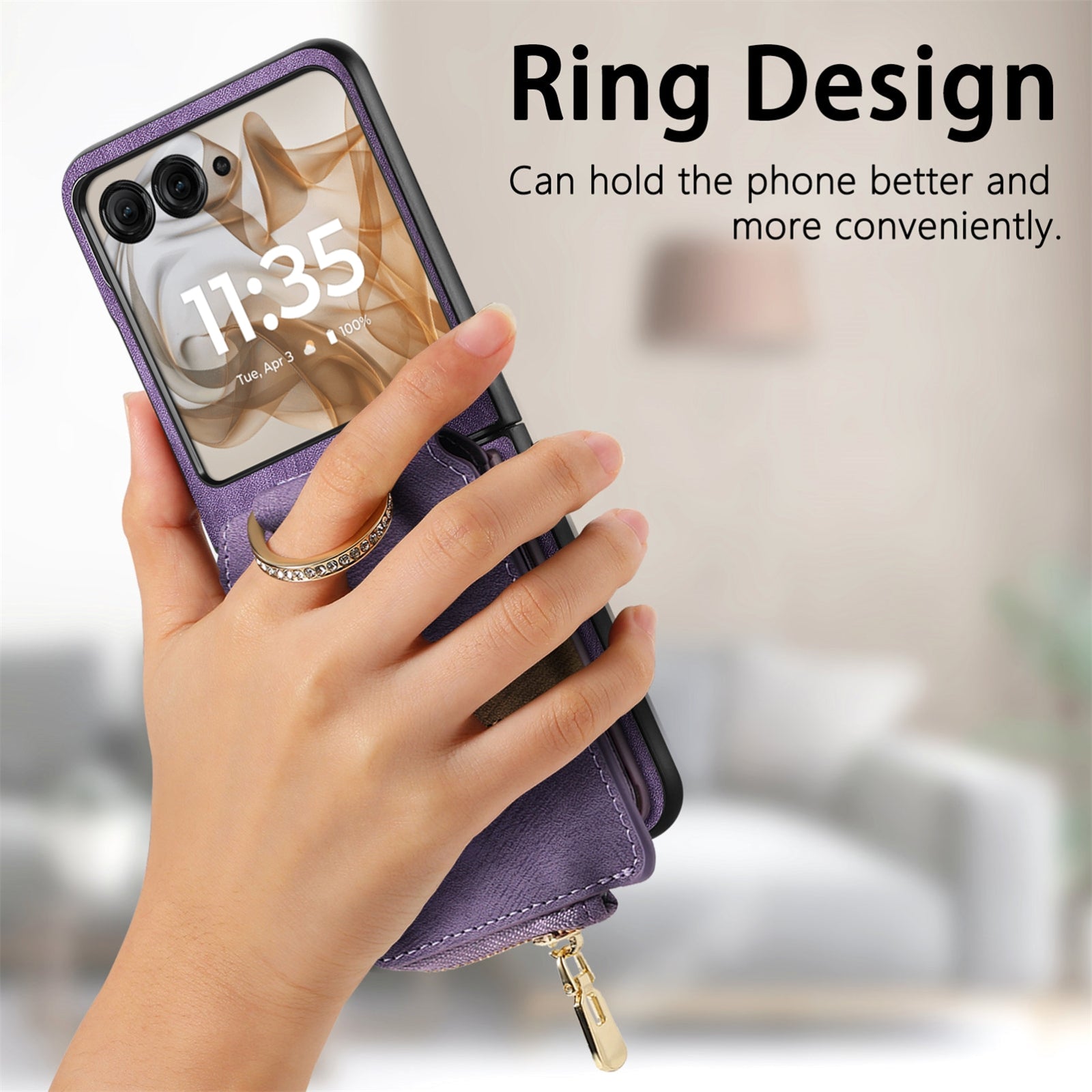 For-Motorola-Razr-50-Ultra-Retro-Ring-Vertical-Zipper-Wallet-Phone-Case(Purple)