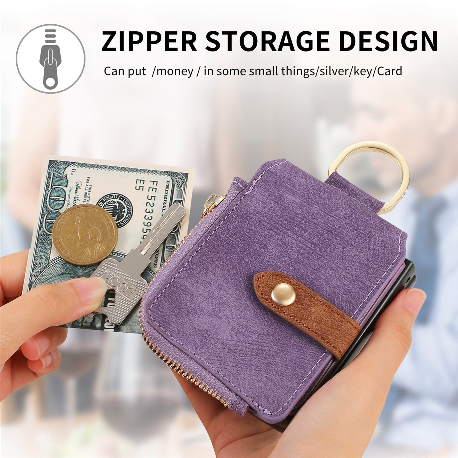 For-Motorola-Razr-50-Ultra-Retro-Ring-Vertical-Zipper-Wallet-Phone-Case(Purple)