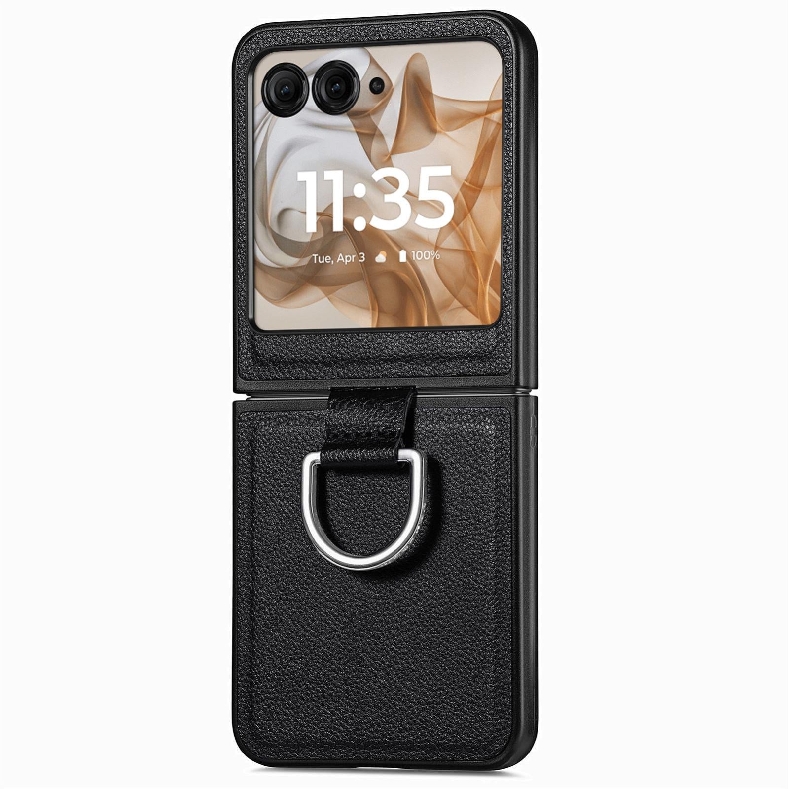 For-Motorola-Razr-50-Ultra-Litchi-Texture-Leather-Ring-Fold-Phone-Case(Black)