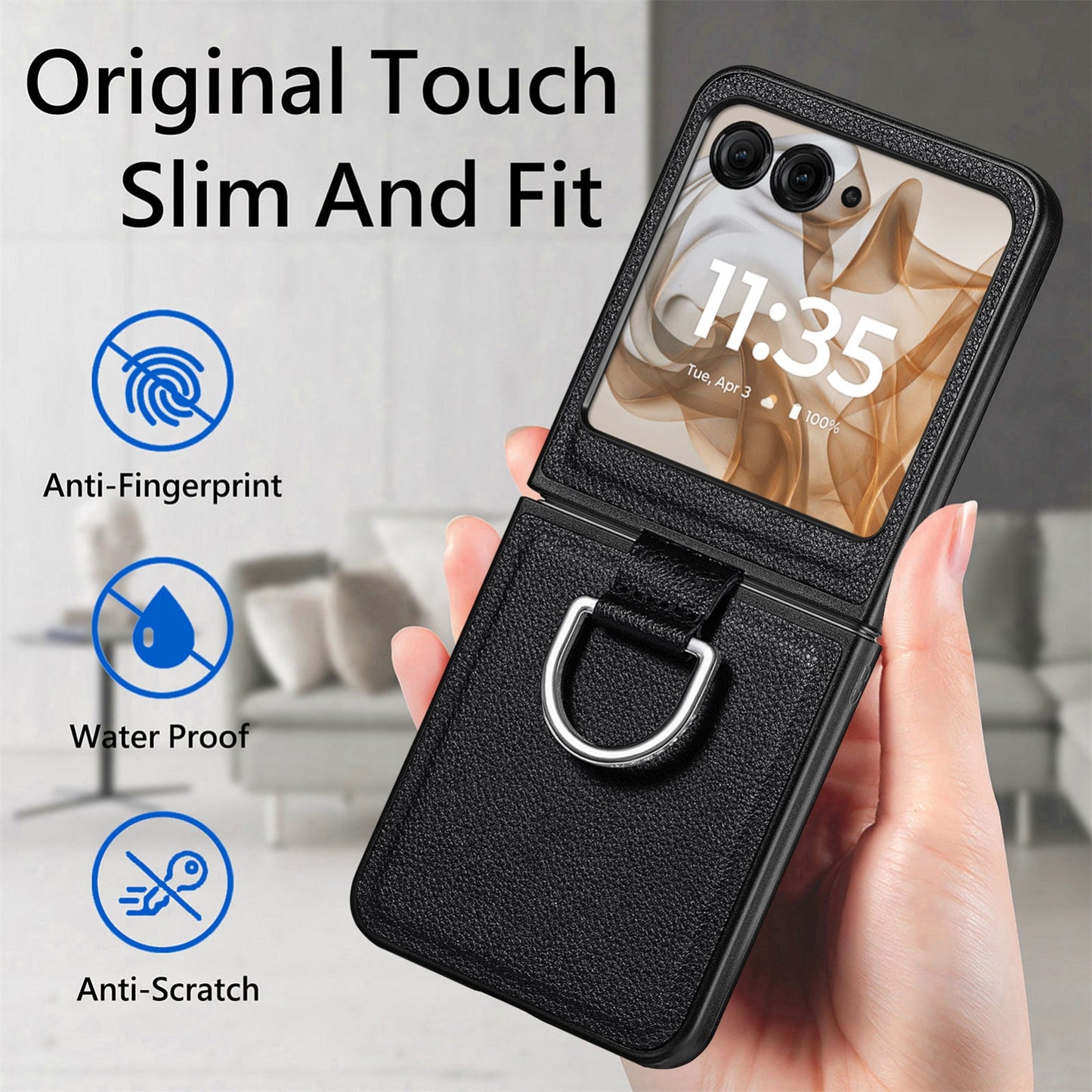 For-Motorola-Razr-50-Ultra-Litchi-Texture-Leather-Ring-Fold-Phone-Case(Black)