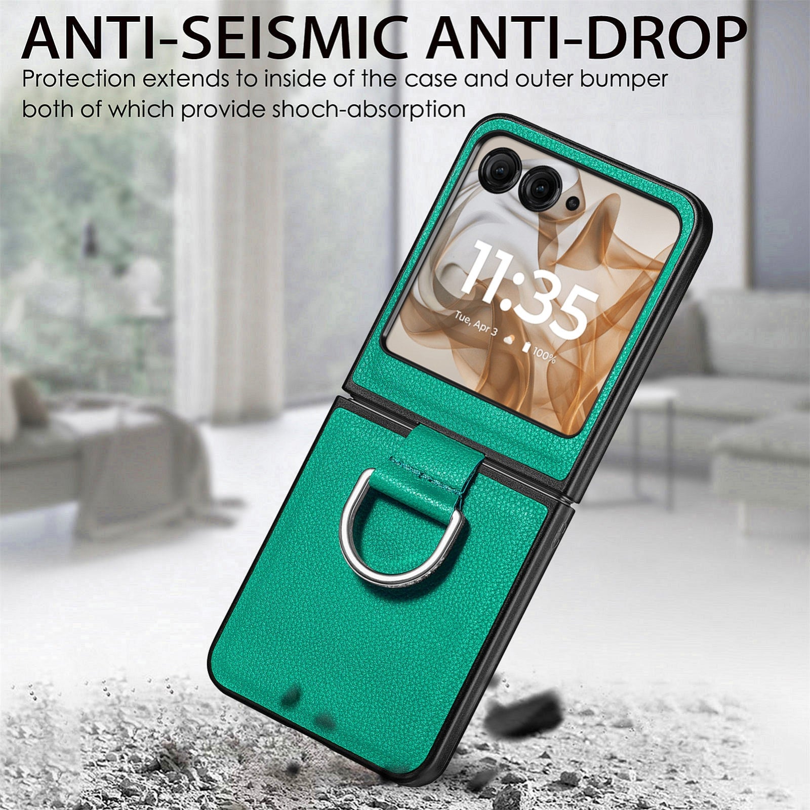For-Motorola-Razr-50-Ultra-Litchi-Texture-Leather-Ring-Fold-Phone-Case(Green)