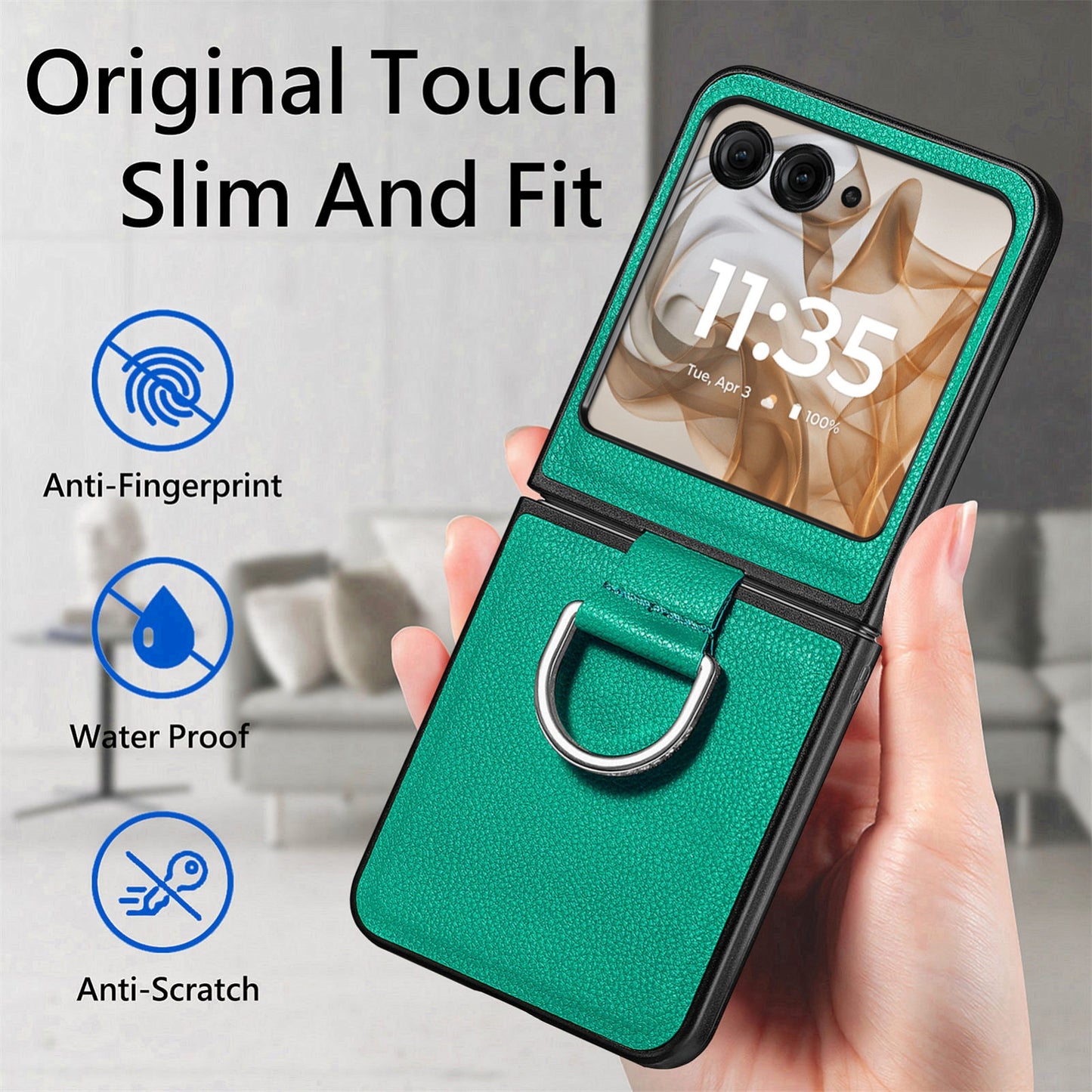 For-Motorola-Razr-50-Ultra-Litchi-Texture-Leather-Ring-Fold-Phone-Case(Green)
