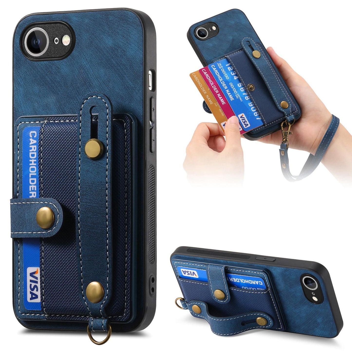 For-iPhone-17e-/-16e-Retro-Cross-Wristband-Wallet-Leather-Back-Phone-Case(Blue)