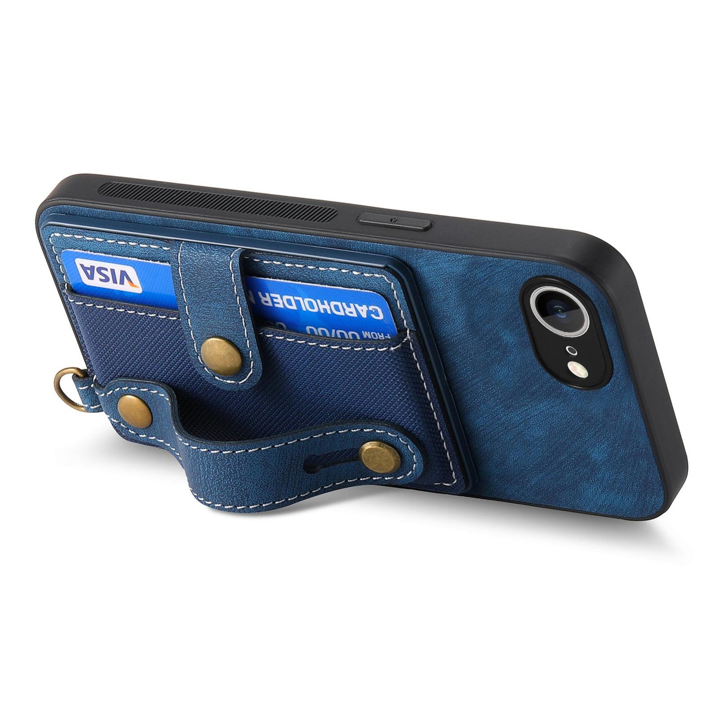 For-iPhone-17e-/-16e-Retro-Cross-Wristband-Wallet-Leather-Back-Phone-Case(Blue)