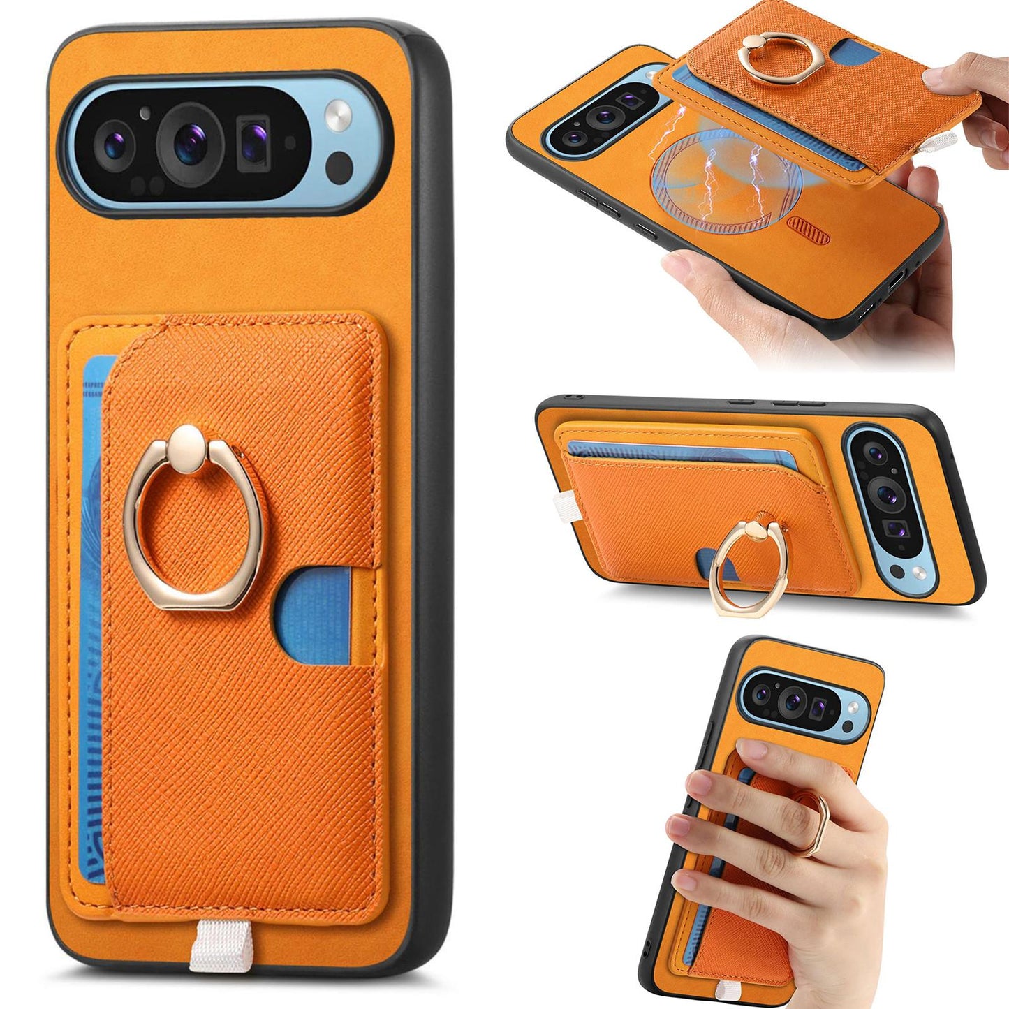 For-Google-Pixel-9-Pro-XL-Retro-Cross-Leather-Ring-Side-Insert-Card-Bag-MagSafe-Phone-Case(Yellow)