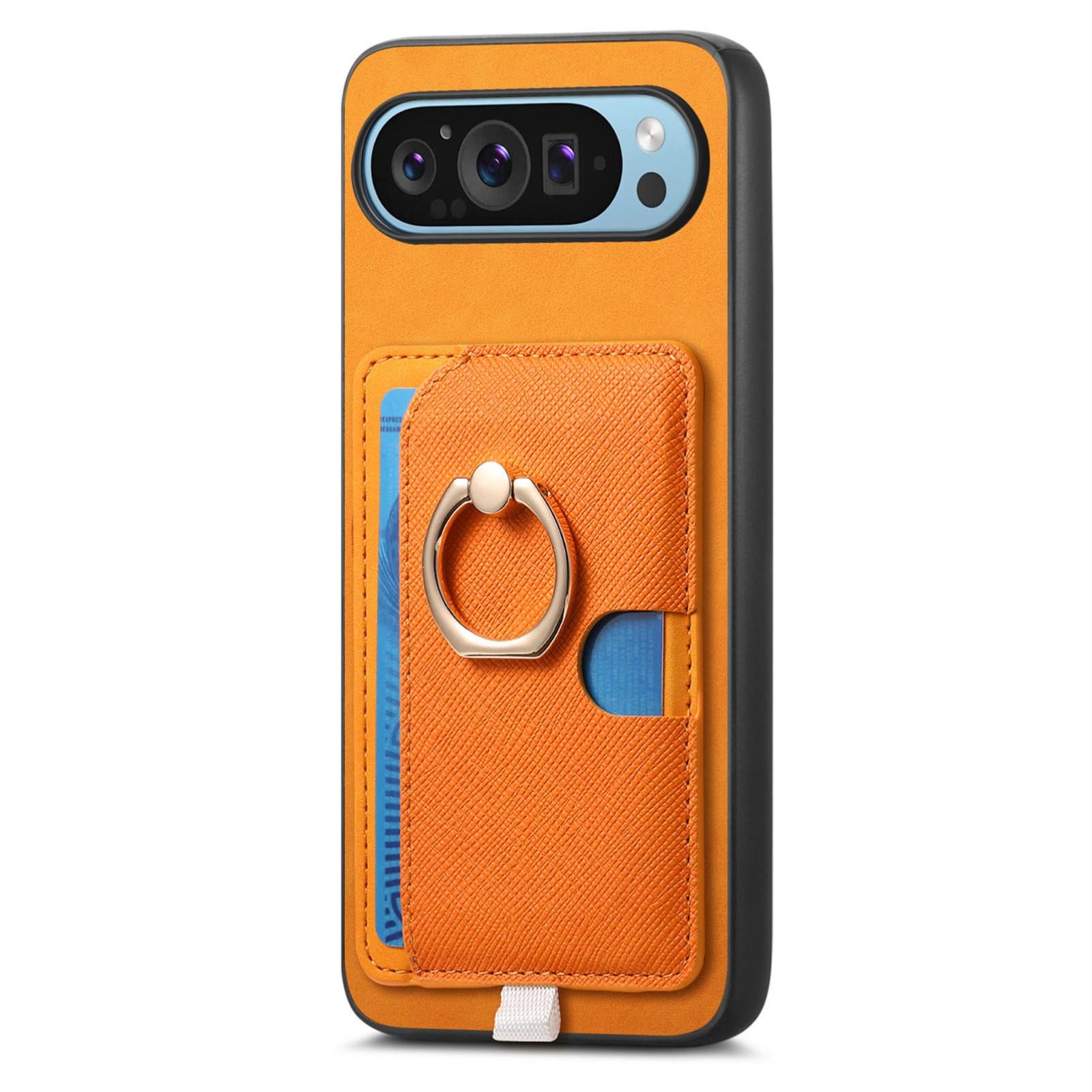 For-Google-Pixel-9-Pro-XL-Retro-Cross-Leather-Ring-Side-Insert-Card-Bag-MagSafe-Phone-Case(Yellow)