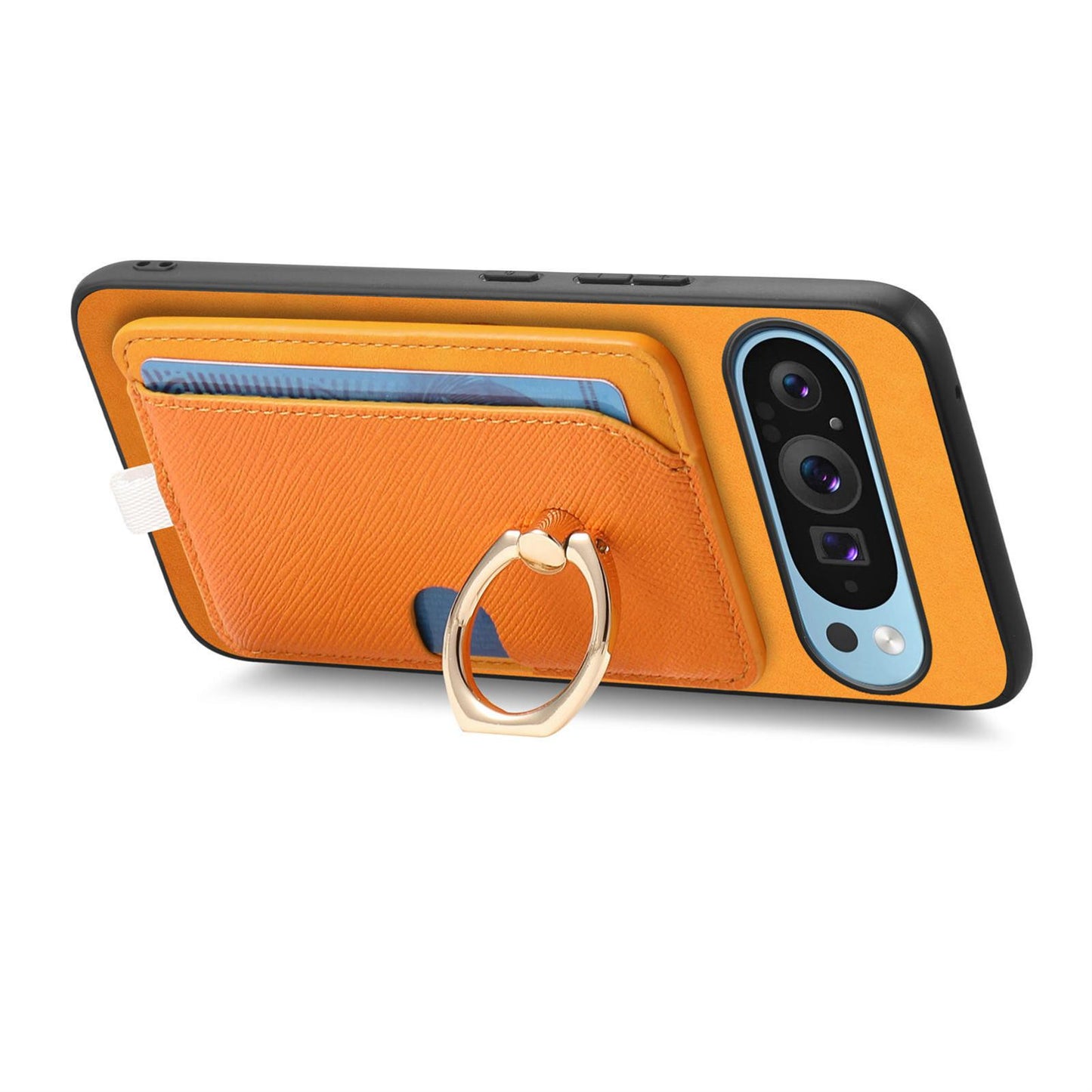 For-Google-Pixel-9-Pro-XL-Retro-Cross-Leather-Ring-Side-Insert-Card-Bag-MagSafe-Phone-Case(Yellow)