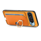 For-Google-Pixel-9-Pro-XL-Retro-Cross-Leather-Ring-Side-Insert-Card-Bag-MagSafe-Phone-Case(Yellow)