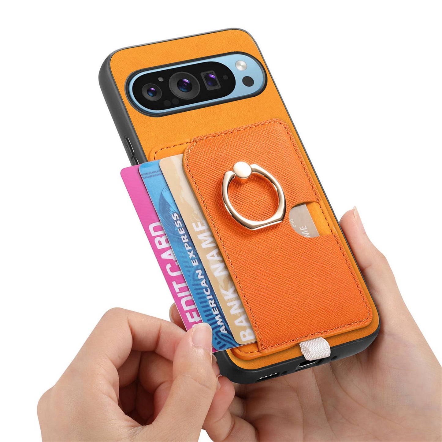For-Google-Pixel-9-Pro-XL-Retro-Cross-Leather-Ring-Side-Insert-Card-Bag-MagSafe-Phone-Case(Yellow)