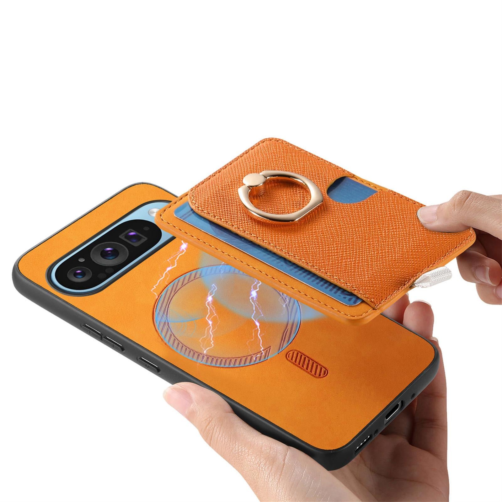 For-Google-Pixel-9-Pro-XL-Retro-Cross-Leather-Ring-Side-Insert-Card-Bag-MagSafe-Phone-Case(Yellow)