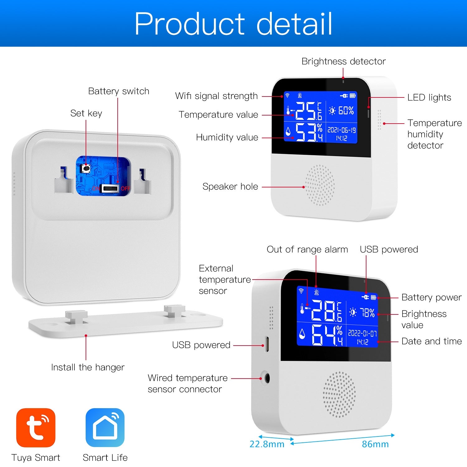 Tuya WIFI Temperature And Humidity Sensor With 2.9inch LCD Display,Spec: Only Sensor
