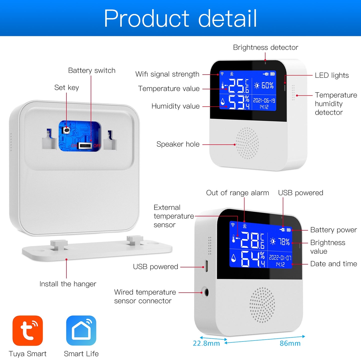 Tuya WIFI Temperature And Humidity Sensor With 2.9inch LCD Display,Spec: With Sensing Line