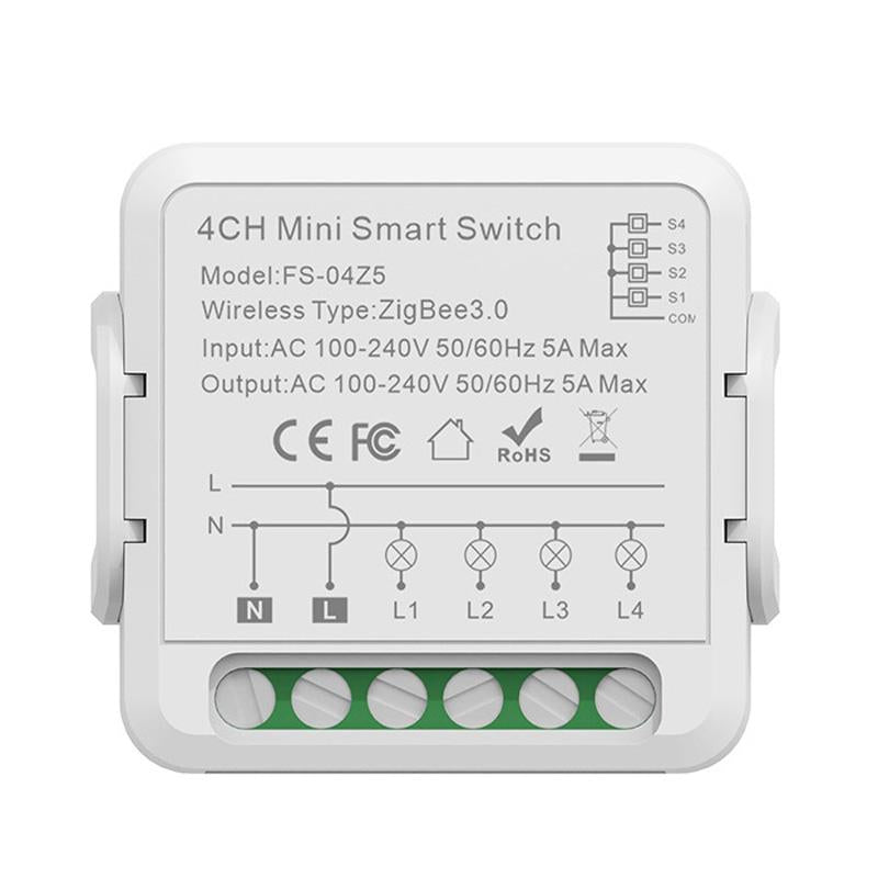 FS-04Z5 4CH ZigBee 5A Smart Switch Voice Timer Switch For Amazon Alexa / Google Assistant