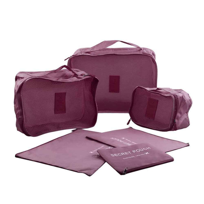 6 Pcs/Set Square Travel Luggage Storage Bags Clothes Organizer Pouch Storage Case - Wine Red