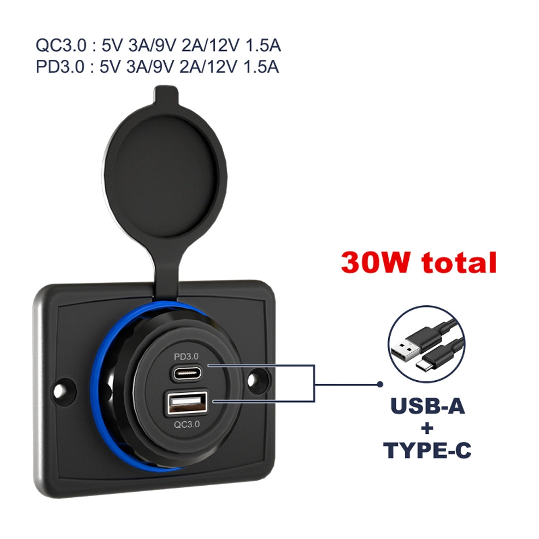 Car-Ship-Modified-Waterproof-USB-Socket-Charger,-Model:-UCC-350-QC+PD-Fast-Charge-30W
