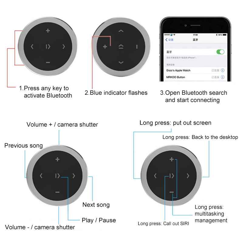 Car-Wireless-Bluetooth-Controller-Mobile-Phone-Multimedia-Multi-functional-Steering-Wheel-Remote-Controller(Silver)