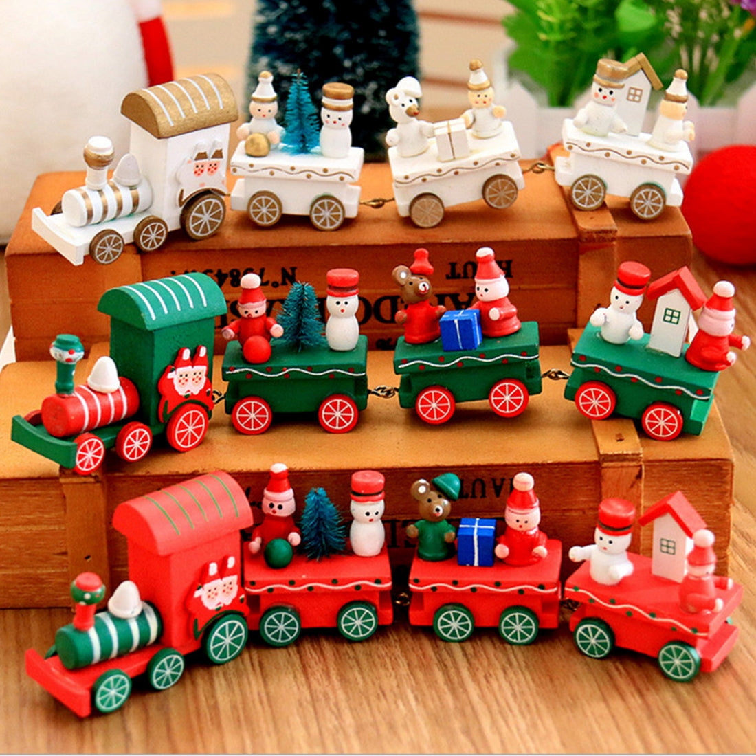 Christmas-Dinner-Table-Decoration,-Wooden-Trains-Children-Kindergarten-Christmas-Decoration-Ornaments-Gifts-(Red)