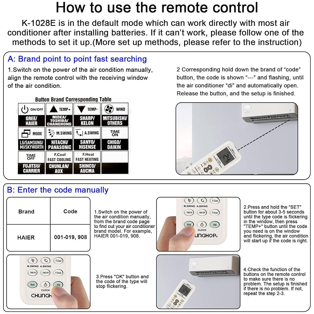 Chunghop-K-1028E-1000-in-1-Universal-A/C-Remote-Controller-with-Flashlight(White)