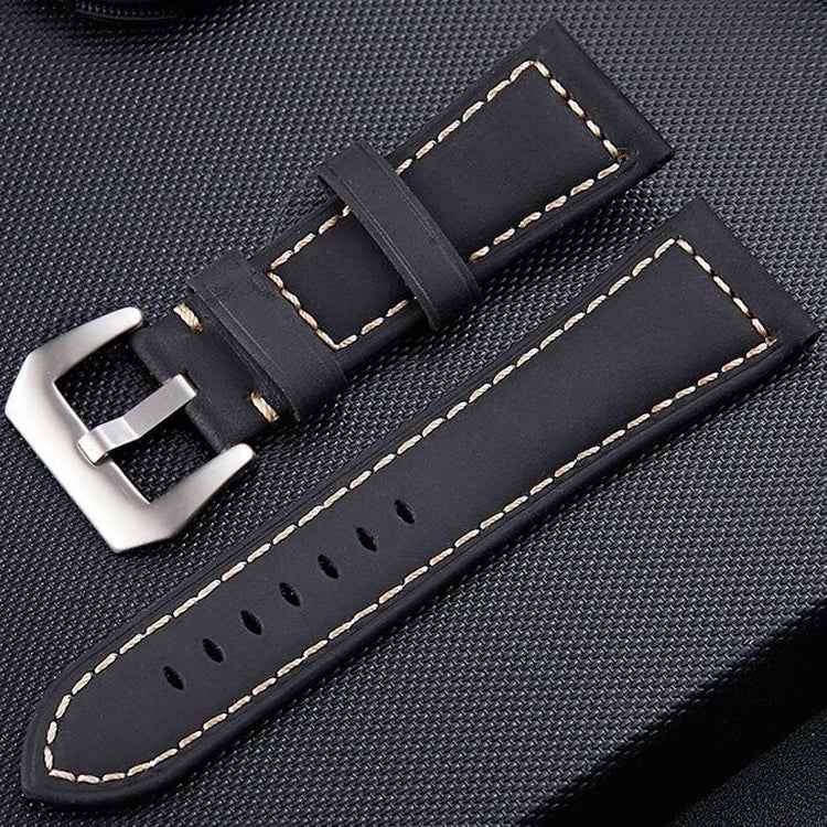 Crazy-Horse-Layer-Frosted-Silver-Buckle-Watch-Leather-Watch-Band,-Size:-26mm-(Black)