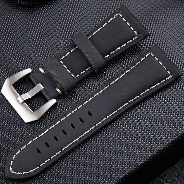 Crazy-Horse-Layer-Frosted-Silver-Buckle-Watch-Leather-Watch-Band,-Size:-26mm-(Black)