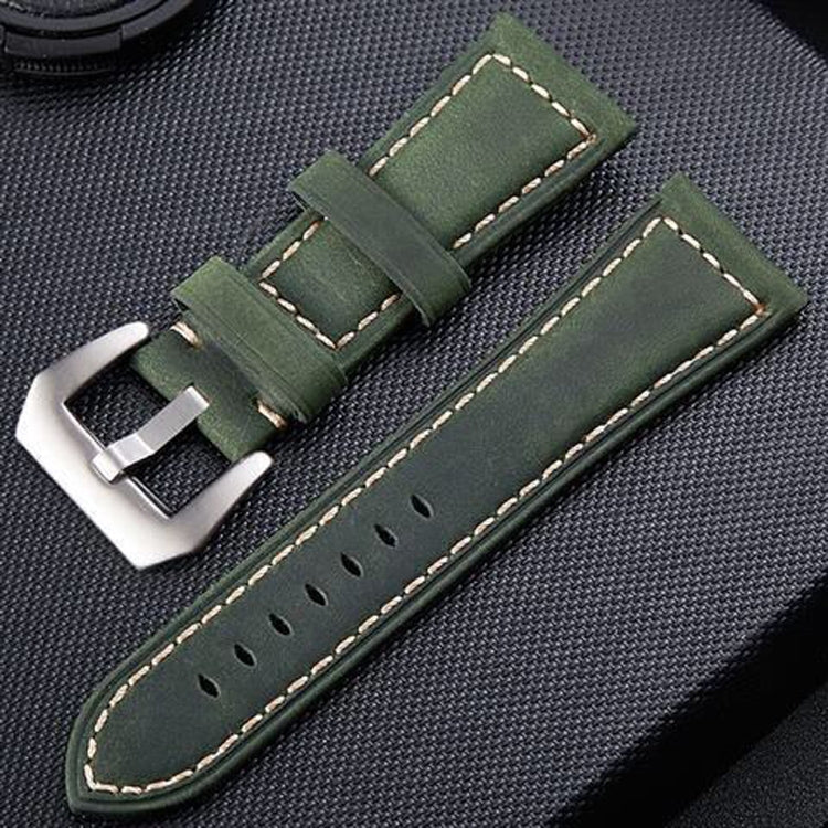 Crazy-Horse-Layer-Frosted-Silver-Buckle-Watch-Leather-Watch-Band,-Size:-24mm-(Army-Green)